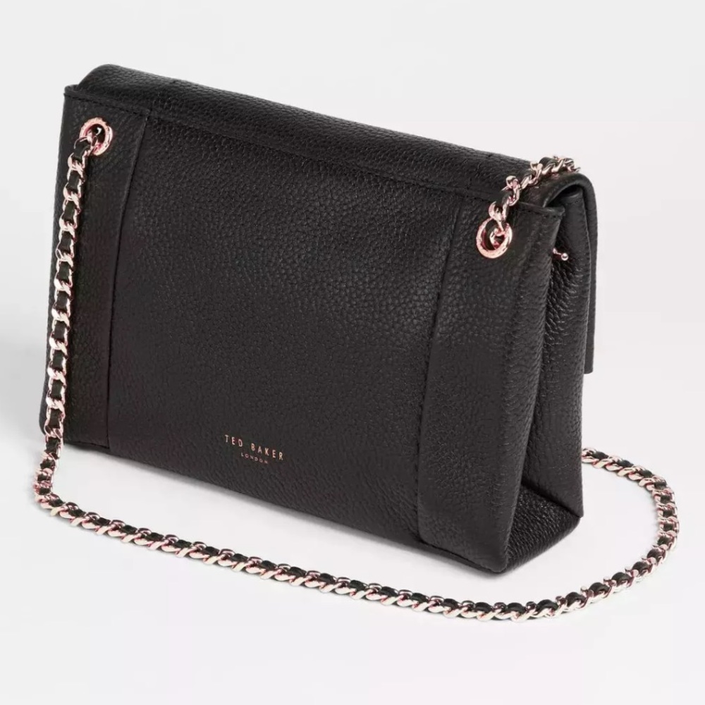Ted Baker Parson Black Leather Crossbody Bag | Rose Gold Chain | Flap Bag - Picture 2 of 7